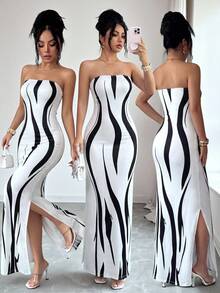 Glyssa Standard Size Elegant Women's Designed Fitted Blue And White Porcelain Print Waist-Cinching Slit Long Dress, Luxury Vintage Style, Suitable For Evening Party / High-End Cocktail Party / Brand Event / High-End Date / Anniversary Dinner / New Chinese Style / National Style Theme Event / Cultural Exhibition / Vacation / Beach / Estate Travel - Black and White - View 3