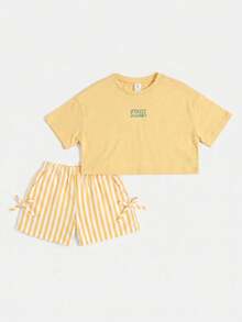 SUMWON Fruit Market Graphic Crop Top And Striped Shorts Co-Ord Set For Summer Casual Everyday Wear - Yellow - View 2