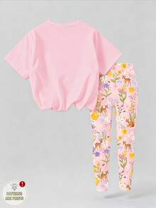 SHEIN 1套女童休閒舒適時尚可愛甜美卡通公主圖案與花卉印花短袖T恤及印花內搭褲套裝，粉紅色，適合春/夏外出、假期、學校、生日及其他場合 - 彩色 - 查看 2