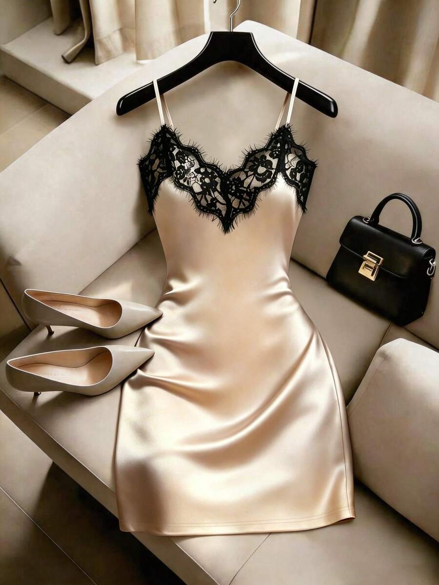 SHEIN Franclia 性感修身蕾絲拼接緞面細肩帶迷你洋裝 夏季海灘度假休閒旅行辣妹女裝 - 杏色 - 查看 1