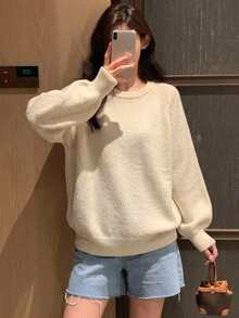 DAZY 女款拼色長毛鬆款套頭毛衣 校園秋季款 - 杏色 - 查看 5