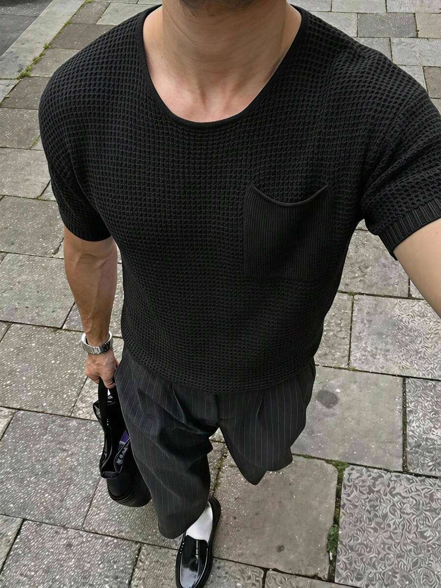 SERO LANO 男士纯色圆领短袖口袋休闲针织毛衣 - 黑色 - 查看 1