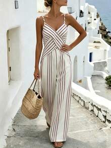 SHEIN Holidaya Mono de mujer sexy y estilizado con diseño de tirantes, sin mangas, a rayas y cintura ceñida, estilo europeo y americano, mono de primavera/verano para mujer, top sin mangas, ropa de primavera, atuendo de verano, vacaciones, salidas, Y2K, primavera, verano, vuelta al colegio, casual, playa, negocios, versátil, sexy, mono de mujer color albaricoque, mono de mujer a rayas - Burdeos - Ver 3