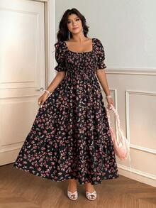 Vionelle Plus Size Spring/Summer Black Ditsy Floral Batwing Sleeve Dress Vacation Boho - Black - View 1