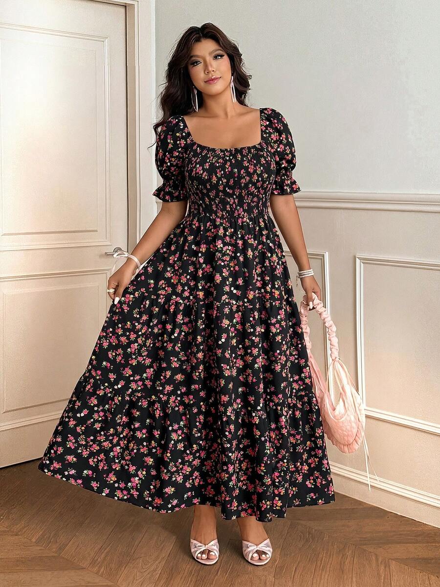 Vionelle Plus Size Spring/Summer Black Ditsy Floral Batwing Sleeve Dress Vacation Boho - Black - View 1