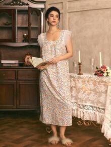 Côtesoire French Elegant Romantic Pastoral Ditsy Floral Mesh Ruffle Trim Patchwork Loose Comfortable Woven Women's Nightgown - Multicolor - View 5