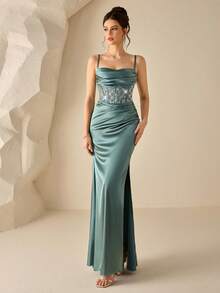 Coutiva 女士优雅亮片褶皱设计正式晚礼服（装饰款） - 橄欖綠 - 查看 3