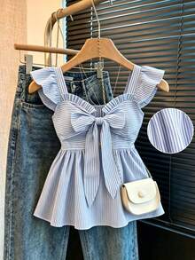 GlowEve Stylish Blue Striped Woven Peplum Blouse For Women With Sweetheart Neckline And Flutter Sleeve,Summer Commuting - Blue and White - View 1