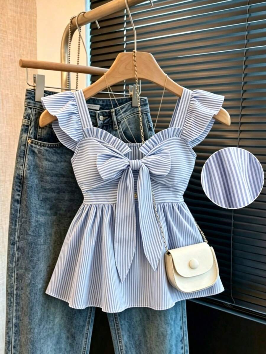 GlowEve Stylish Blue Striped Woven Peplum Blouse For Women With Sweetheart Neckline And Flutter Sleeve,Summer Commuting - Blue and White - View 1