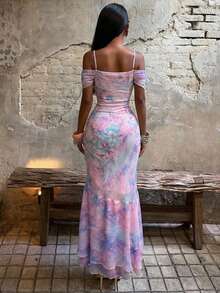 SHEIN BAE Spring/Summer Solid Light Pink Floral Gradient Print Women's Rhinestone Vintage Retro Elegant Romantic Maxi Dress Vacation - Pink - View 5