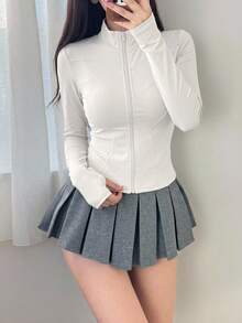 DAZY Women Solid Color Elastic Mock Neck Fitted Long Sleeve Jacket, Sportswear & Casual, Spring/Autumn - White - View 8