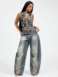 Denimoi Adjustable Waist Denim Jeans, Snap Waist, Barrel Leg Jeans, Fashion Denim, Street Style - Light Wash - View 1