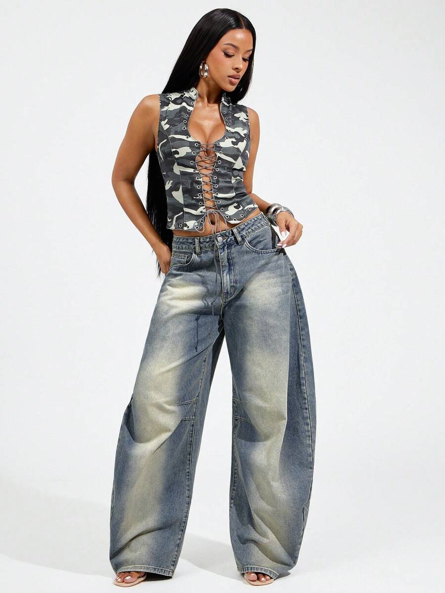 Denimoi Adjustable Waist Denim Jeans, Snap Waist, Barrel Leg Jeans, Fashion Denim, Street Style - Light Wash - View 1