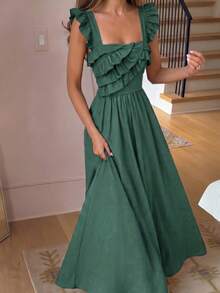Selianne Women's Casual Ruffle Flutter Sleeve Cinched Waist Flared Dress, Spring/Summer Style, Suitable For Daily Wear And Vacation - Army Green - View 5