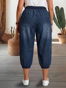 SHEIN CURVE+ Curve+ Plus Size Women's Wide Elastic Drawstring Waist Navy Blue Loose Baggy Cuffed Denim Joggers Multi Pocket Casual Summer Pants Vacation Date Night - Medium Wash - View 4