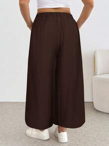 SHEIN Essnce Plus Size Women's Casual Elastic Waist Baggy Pants Chocolate Brown Textured Wide Leg Cropped Pants Formal Vacation Autumn - Brown - View 3