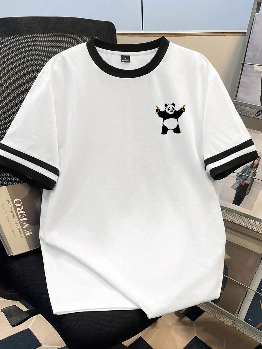 Manfinity Joysei Camiseta de talla estándar para hombre con puño en contraste y diseño de estampado de panda divertido - Blanco - Ver 1