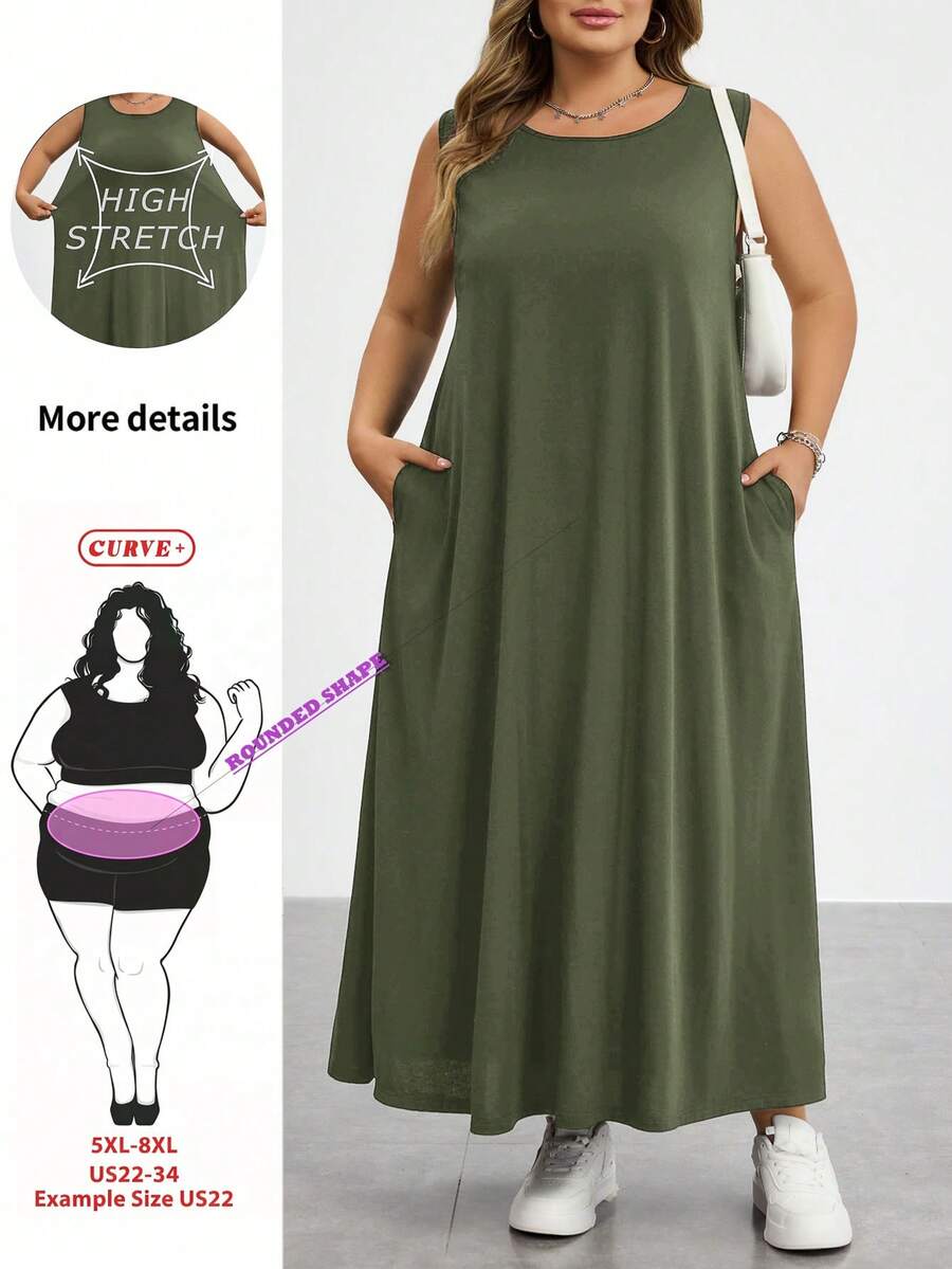 SHEIN CURVE+ 大尺碼女款夏季洋裝，女款度假洋裝，畢業禮服，商務休閒女款洋裝，女款辦公洋裝，新時尚休閒通勤套裝，條紋無袖口袋長洋裝，A字裙，黑白條紋洋裝