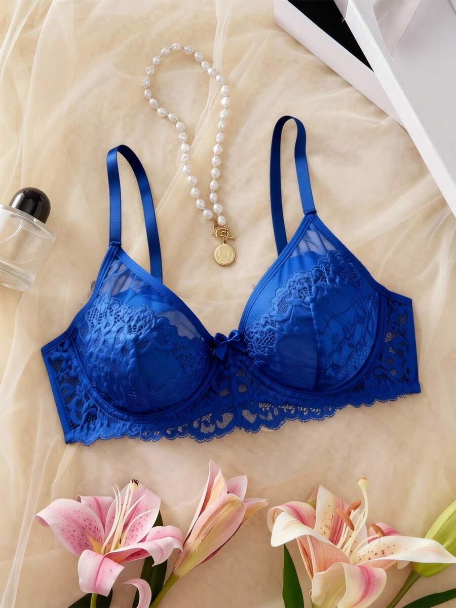 Crystal Vow Lace Patchwork Solid Color Underwire Push-Up Semi-Sheer Unlined Women's Bra - Royal Blue - View 1