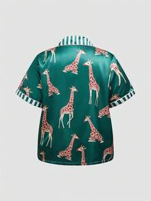 Chillnights Conjunto de pijama de talla grande con estampado de rayas de leopardo, cuello de solapa y botones, de satén, estilo casual juvenil - Multicolor - Ver 10