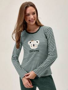 Loomlin 2pcs Cotton Contrast Colour Striped With Koala Embroidery Detail PJ Set - Green - View 5