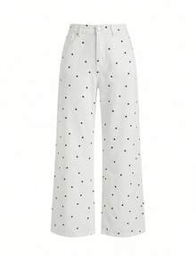 lacRébo Women's Polka Dot Pattern Pocket Straight Leg Loose Casual Versatile Denim Jeans - White - View 7