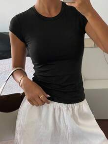 DAZY Women's Casual Basic Round Neck Sports & Yoga Tee Shirt, Black, For Summer - Black - View 11