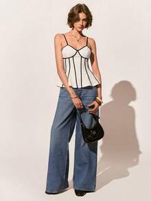 Poéselle 100% Pure Slub Cotton Color Trim Cami Tank Women, Summer Fashion Sleeveless Vest, Fall Winter Inner Layering Top For Back To School - White - View 3