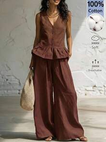 Faunlyn Casual Tropical Linen Solid Color Single-Breasted Vest And Pants Set Vacation Coffee Brown Summer - Blue - View 9