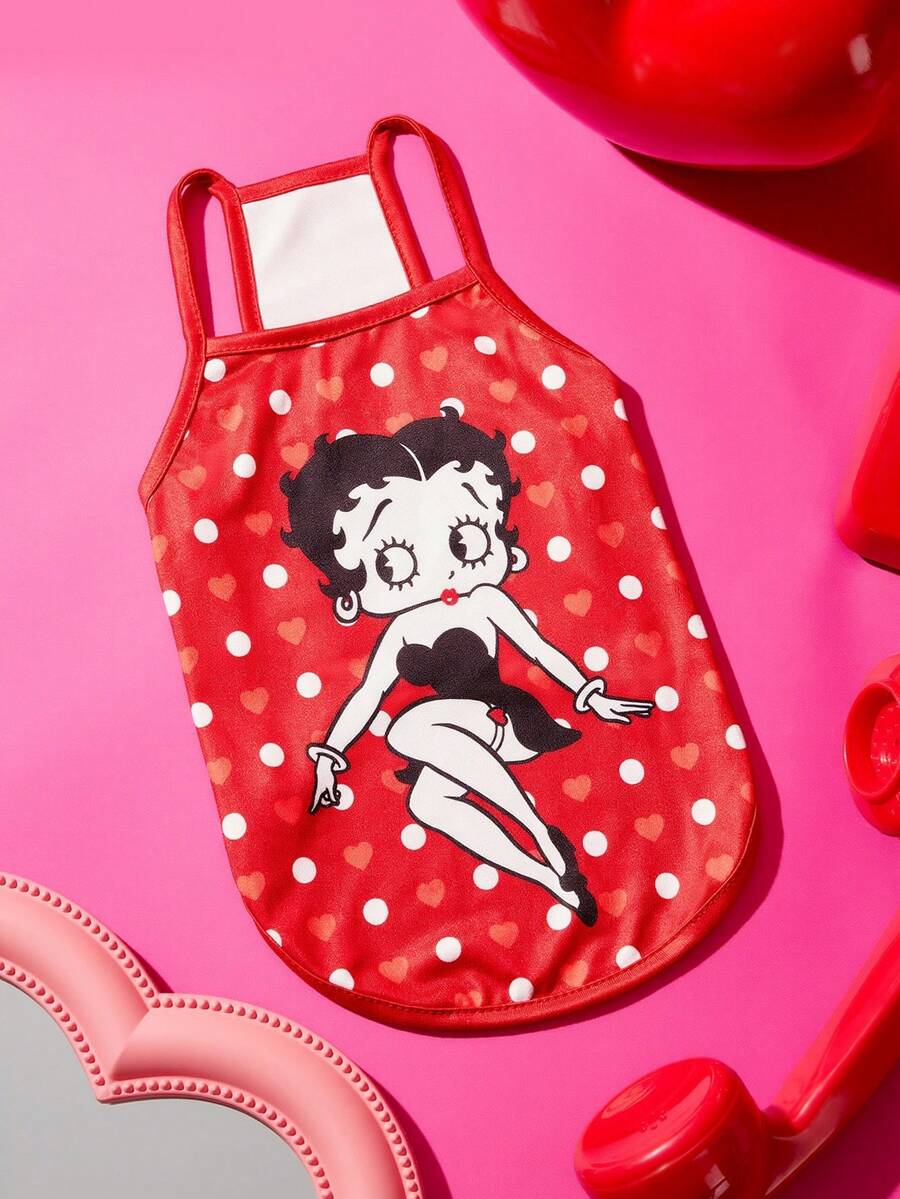 Betty Boop x SHEIN 1件卡通图案印花宠物背心/连衣裙,猫咪服装,狗狗服装,尺码 XXS-XXXXL,超小号,超大号,俏皮,性感,波点图案 - 紅色 - 查看 1