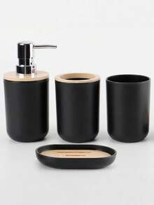 4Pcs Luxury Bathroom Accessory Set, Bamboo & Plastic Organizer With Lotion Bottle, Toothbrush Holder, Mouth Cup & Soap Dish, Ideal For Home Decor, Birthday, Housewarming & Holiday Gifts - multicolor - View 13