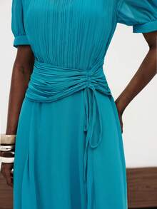 Aveloria Modichic French Elegant Women's Vacation Chiffon Dress With Pleated Chest, Exquisite Pleated Waist And Drawstring Design, Slimming Short Sleeve Long Dress, Ruched Round Neck, Tie Waist, High Waist, Fitted A-Line Silhouette, Patchwork Design, Blue-Green Lake Blue Solid Color, Lightweight Soft Draping, Summer Commute Casual Travel Vacation Wedding Mother's Day Graduation Holiday Outfit, Romantic Summer Style - Blue - View 1