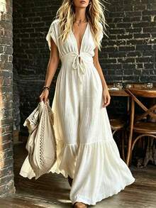 SHEIN Holidaya Women's Vacation Waist Tie Shoulder Drawstring Design Casual Boho Dress Cream White Summer - Beige - View 2