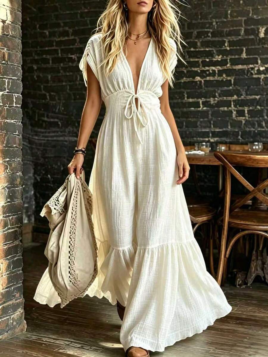 SHEIN Holidaya Women's Vacation Waist Tie Shoulder Drawstring Design Casual Boho Dress Cream White Summer