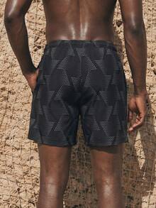 Manfinity KASUA Men's Geometric Printed Drawstring Beach Shorts With Built-In Briefs,Hawaiian - Black and White - View 2