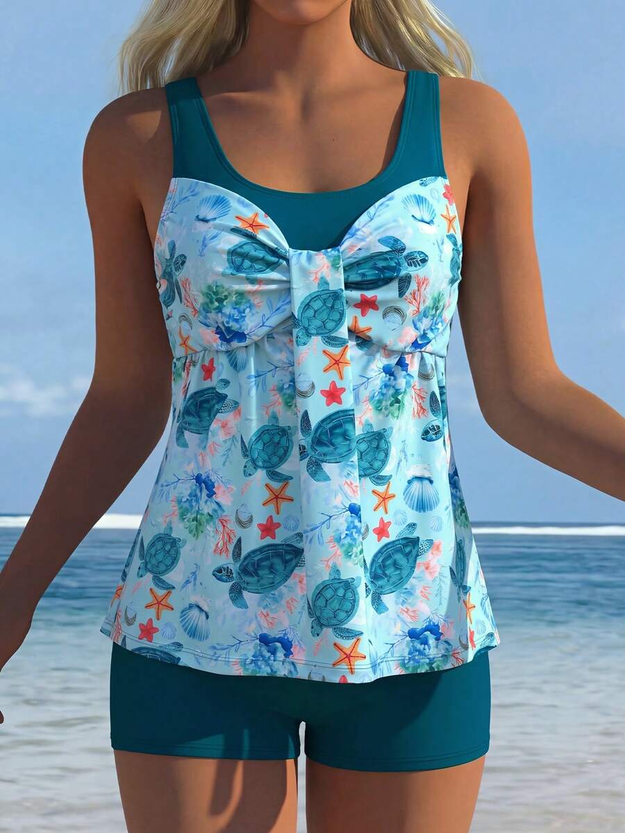 Swim Lushoire Women's 2-Piece Light Blue Teal Striped Tie-Dye Random Print Bow Front Round Neck Wide Strap Top + Mid-Waist Swim Bottom Tankini Set Beach - Multicolor - View 1