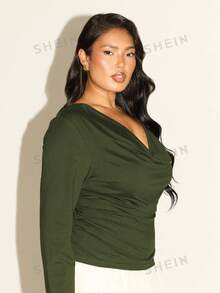 FASHION SZN Plus Size Women's Solid Color Cowl Neck Pleated Long Sleeve Versatile Top Fall - Dark Green - View 5