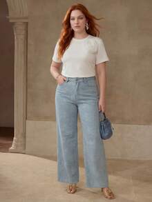 MOTF PREMIUM PLUS SIZE FLORAL PATTERN SLANTED POCKET STRAIGHT LEG JEANS - Blue - View 3