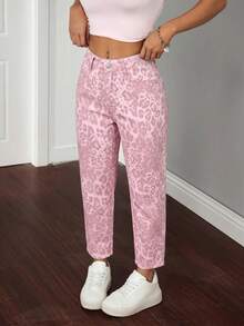 SHEIN PETITE Women's Fashion Versatile Leopard Print Button Pocket Denim Jeans - Pink - View 4