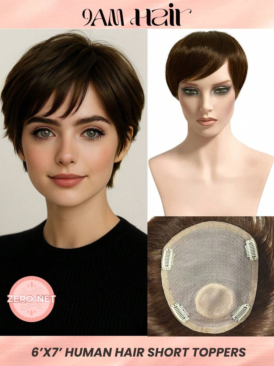 ZERO-NET Women's Real Human Hair Top Topper - No Bangs, 6.2*7.5 Inches | Perfect For Thinning Hair, 4inch, Rich Brown - S2 - View 1