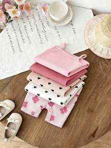 SHEIN LMoss Kids 新生兒花卉印花吊帶連身褲，適合夏季 - 彩色 - 查看 4