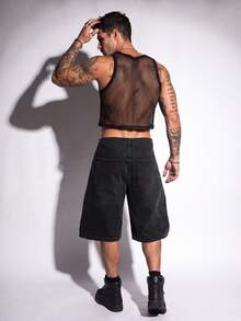 DSELFIQUE Men's Hiphop Streetwear Rhinestone Star Washed Black Denim Shorts - Black - View 4