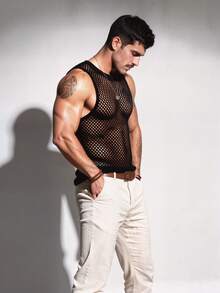 DSELFIQUE Men's Summer Solid Color Mesh Round Neck Sexy Tank Top, Men Tank Top, Holiday - Black - View 3