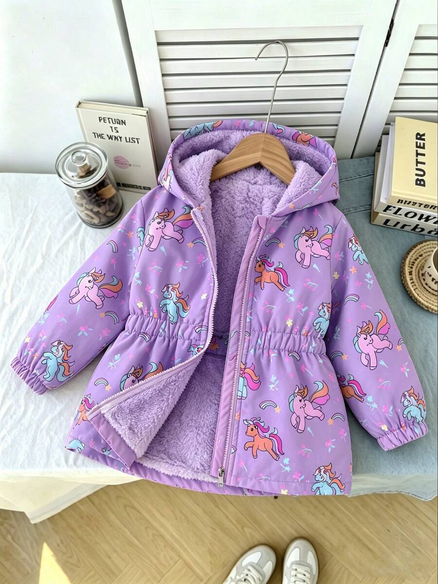 SHEIN 女童可愛印花保暖內裡加厚拉鍊外套，秋冬款