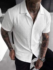 SLATEMANN Solid Color Knit Jacquard Men's Short Sleeve Shirt - White - View 3