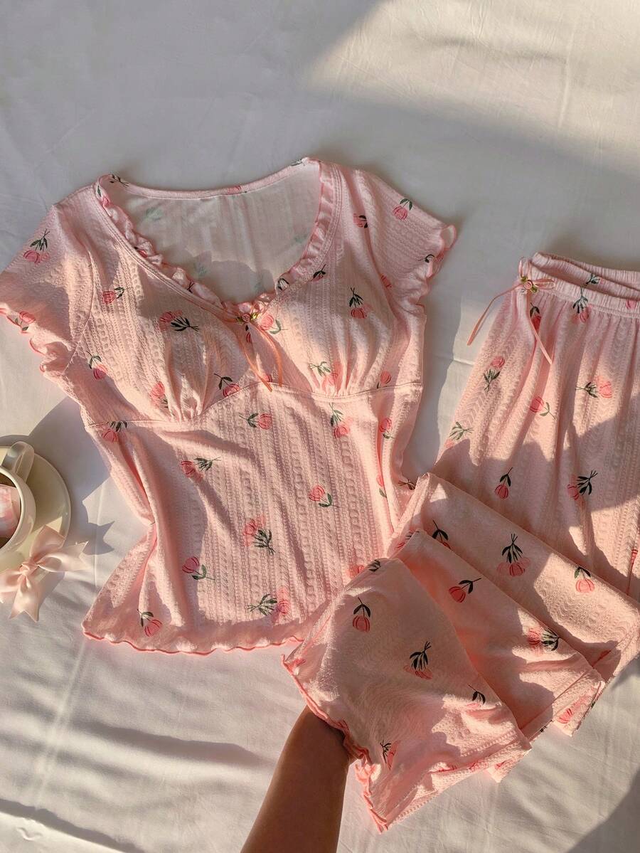 Comfortcana Conjunto de pijama casual y lindo con cuello de patrón de tulipán, empalmado y con volantes - Rosa - Ver 1