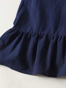 SHEIN 青少年女孩深藍色 Polo 領刺繡圖案荷葉邊休閒洋裝，校服風格，適合學校、戶外活動、購物、日常穿著 - 藏蓝色 - 查看 11