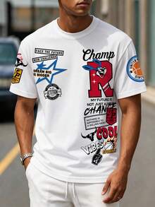 Sorvial Camiseta de manga corta con cuello redondo para hombre, diseño minimalista con letras y conejo - Blanco - Ver 1