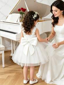 Glamorique Kids Girls Birthday Party Children's Dress Floral Spaghetti Strap Backless Mesh Princess Gown Flower Girl Puffy Tulle Skirt - White - View 4