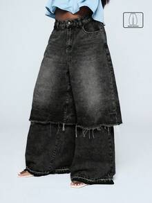COUREZ Low Rise Layered Jorts Over Baggy Jeans In Black Wash/Y2K Autumn Clothes For Women Outfits Wide Leg Jeans Oversized Concert Bottoms Pants For Women - Grey - View 1